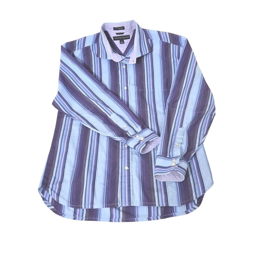 Tommy Hilfiger Shirt Men's M Blue Purpl Striped Long Sleeve Button Up 80's 2 Ply - Picture 13 of 15